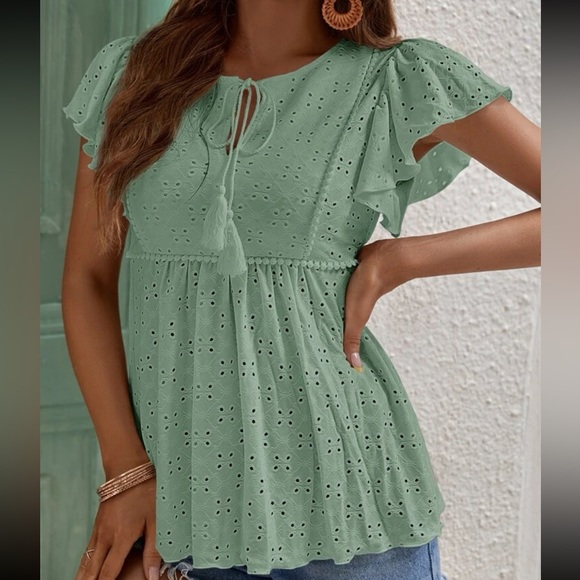 Elegant Peplum Tie Flutter Sleeve Eyelet Embroidered Top Blouse Shirt White - Picture 14 of 15